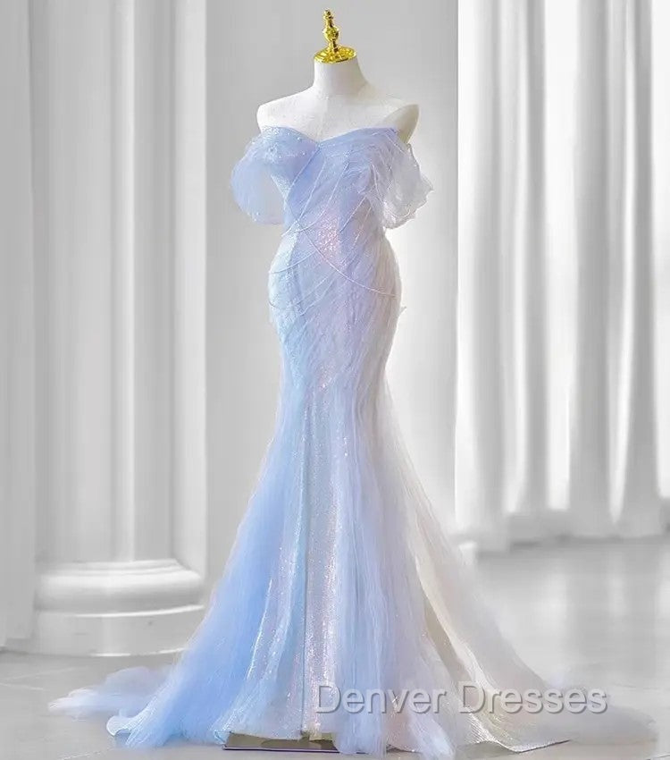 Blue Laser Sequin Beaded Mermaid Women Evening Dress with Puff Sleeves Tassel Pearls Tulle Train Prom Gown Secondary image