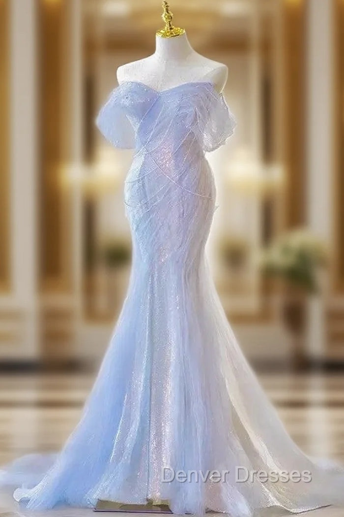 Blue Laser Sequin Beaded Mermaid Women Evening Dress with Puff Sleeves Tassel Pearls Tulle Train Prom Gown