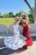Blue Elegant A-Line Layered Chiffon Floral Backless Long Ball Gown Evening Dress Prom Dress Graduation Dress