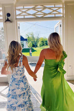 Blue Elegant A-Line Layered Chiffon Floral Backless Long Ball Gown Evening Dress Prom Dress Graduation Dress