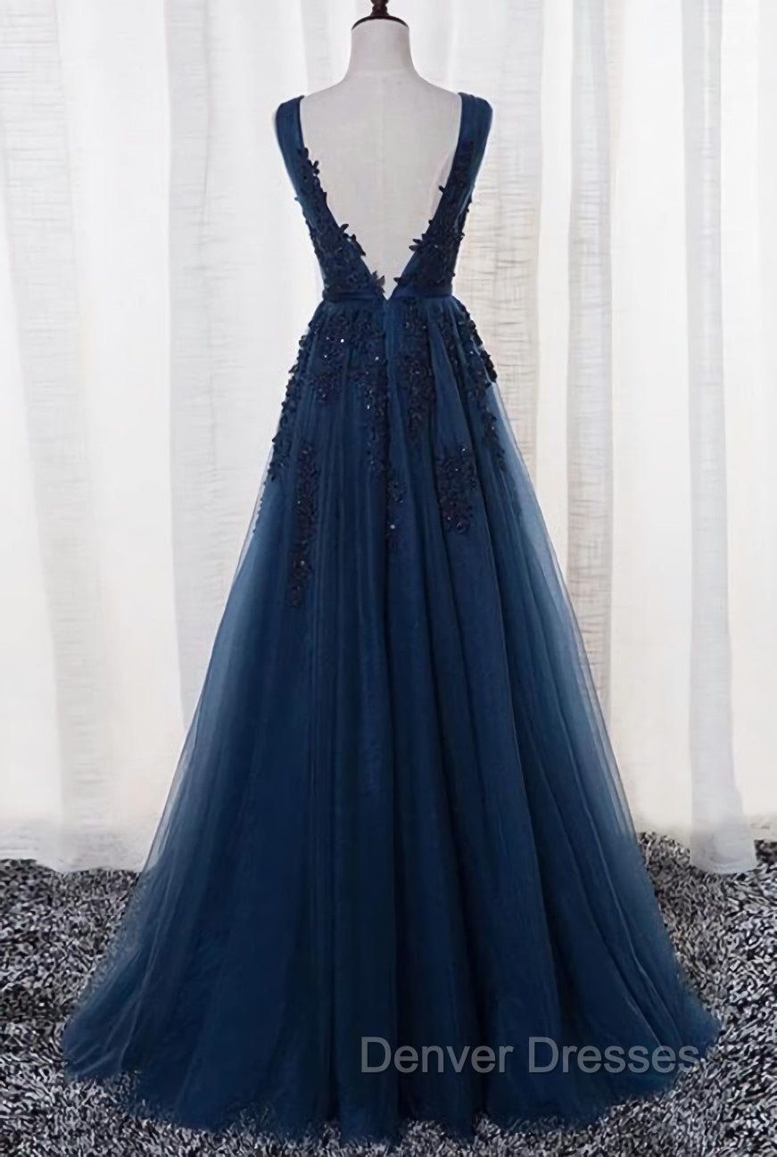 Blue Long A-line Bridesmaid Dress, Dark Blue Tulle Party Dress