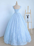 Blue Long Lace Floral Prom Dress, Long Blue Lace Formal Evening Dress with Flowers