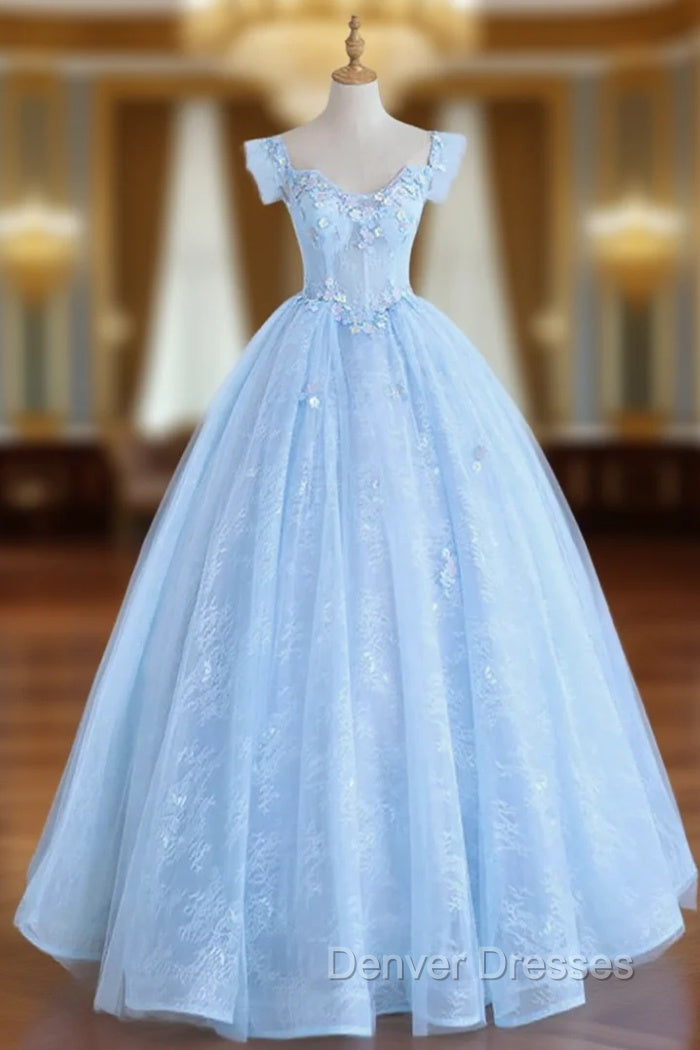 Blue Long Lace Floral Prom Dress, Long Blue Lace Formal Evening Dress with Flowers