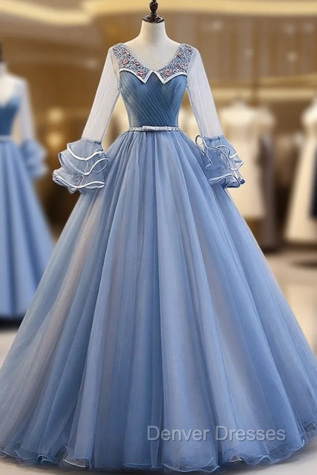 Blue Long Sleeve Tulle Pleats Beading Quinceanera Dress Main image