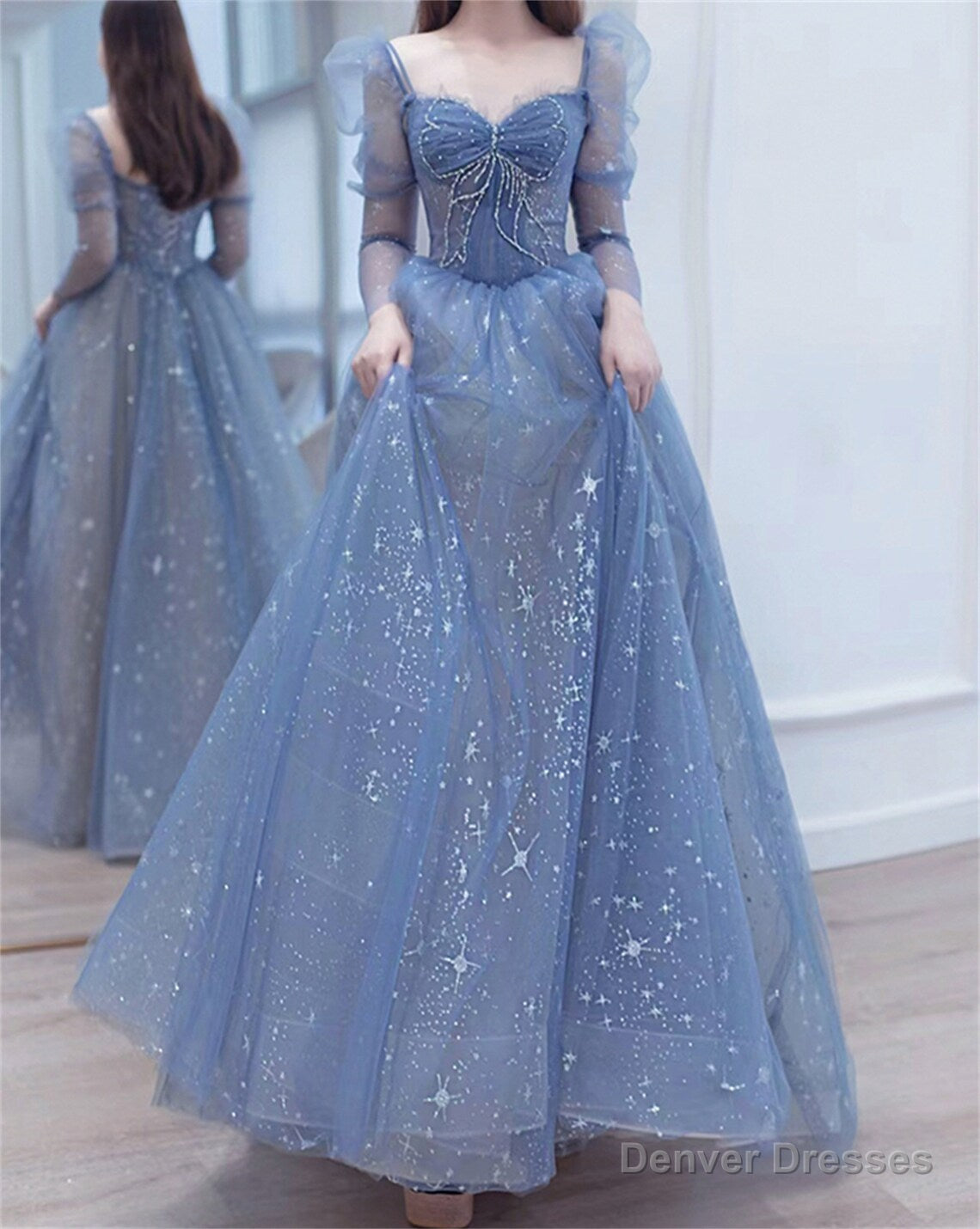 Blue Long Sleeves Sweetheart Beaded Tulle Formal Dress, Blue A-line Prom Dress Main image