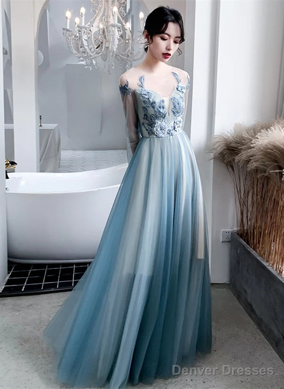 Blue Long Sleeves Tulle Party Dress With Lace Applique, Blue Evening Dress Prom Dresses Main image