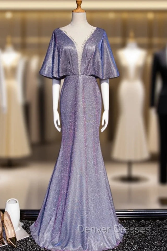 Blue Mermaid Bat Sleeve Beading Prom Dress