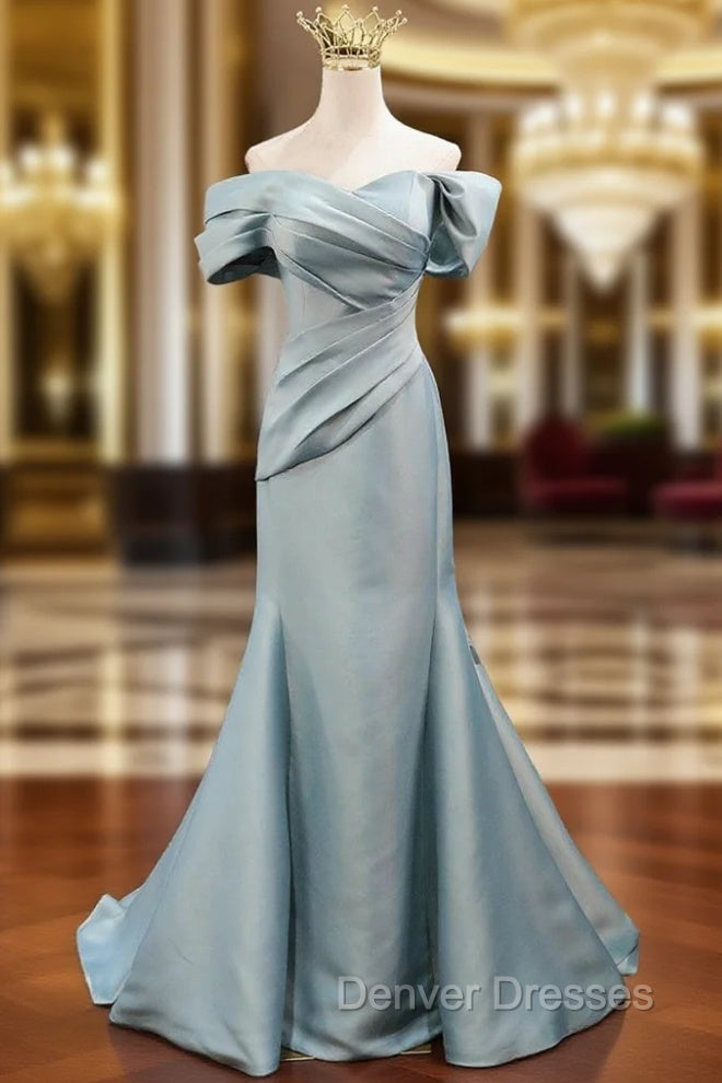 Blue Mermaid Satin Off the Shoulder Pleats Prom Dress Main image