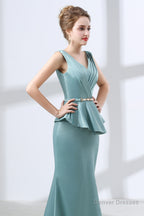 Blue Mermaid Satin V-neck Backless Prom Dresses With Sash