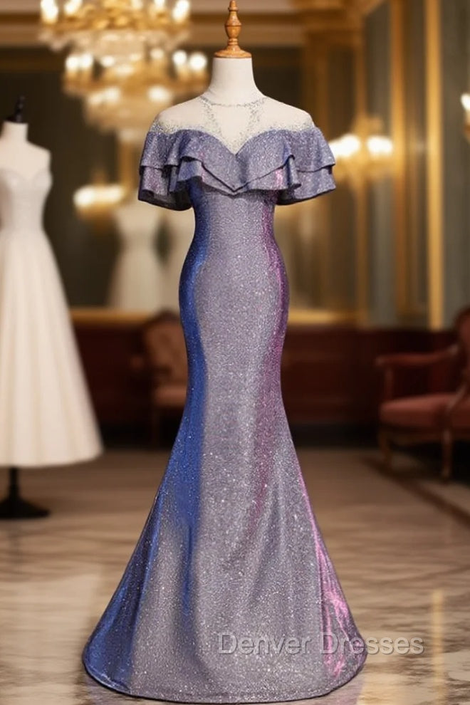 Blue Mermaid Scoop Short Sleeve Beading Prom Dress