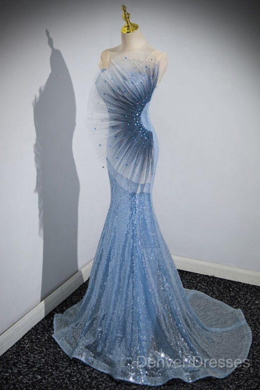 Blue Mermaid Sequin Sheer Straps Scalloped Long Prom Dress
