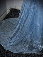 Blue Mermaid Sequin Sheer Straps Scalloped Long Prom Dress