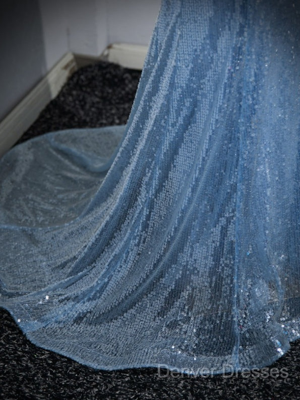 Blue Mermaid Sequin Sheer Straps Scalloped Long Prom Dress