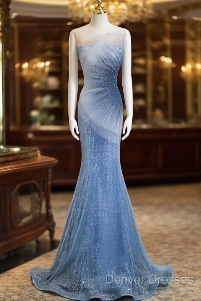 Blue Mermaid Sequin Sheer Straps Scalloped Long Prom Dress Main image
