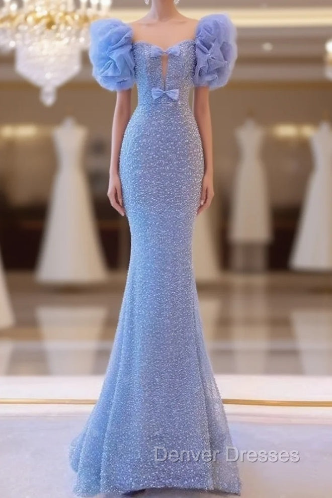 Blue Mermaid Sequins Bow Prom Dress