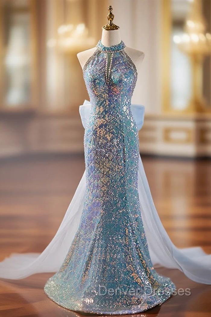 Blue Mermaid Sequins Halter Long Party Dress with Bow, Blue Sequins Pr –  Denver Dresses