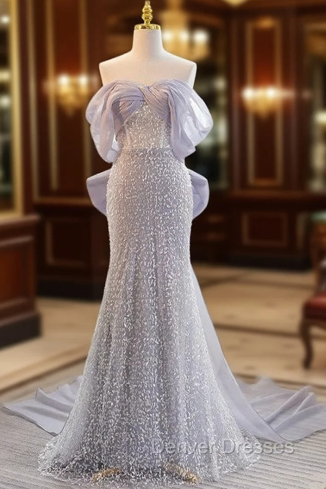 Blue Mermaid Sequins Off the Shoulder Prom Dress