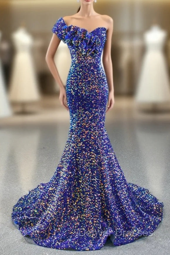 Blue Mermaid Sequins One Shoulder Ruffles Prom Dress Main image