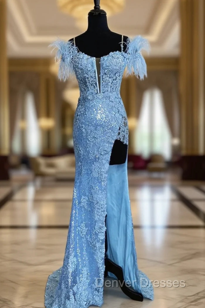 Blue Mermaid Sequins Spaghetti Straps Feather Prom Dress Main image