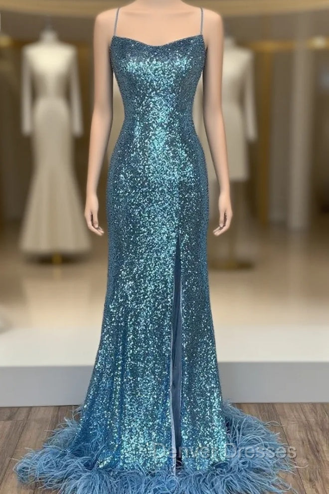 Blue Mermaid Sequins Spaghetti Straps Prom Dress Main image
