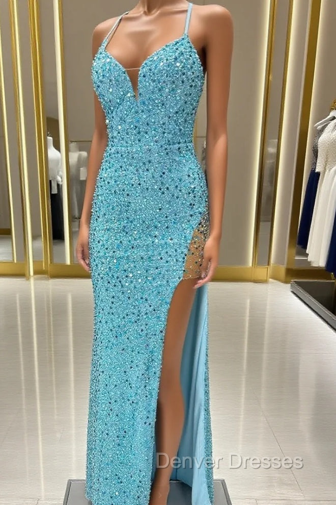Blue Mermaid Sequins Split Prom Dress Main image