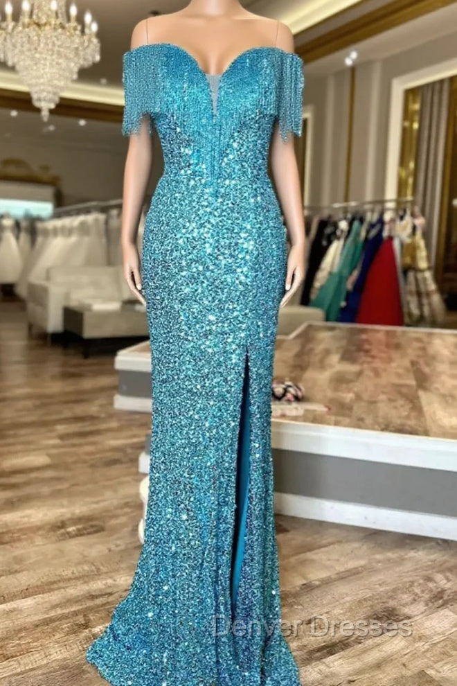 Blue Mermaid Sequins Straps Beading Split prom Dress Main image