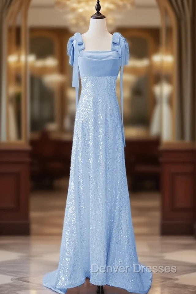 Blue Mermaid Sequins Straps Prom Dress