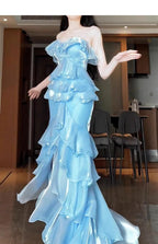 Blue Mermaid Strapless Long Ruffled Prom Dress