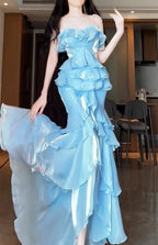 Blue Mermaid Strapless Long Ruffled Prom Dress