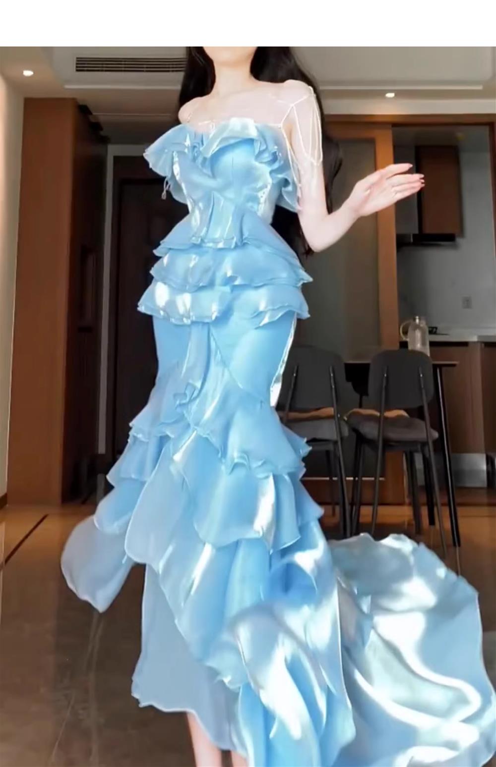 Blue Mermaid Strapless Long Ruffled Prom Dress Main image