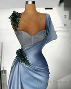 Blue Mermaid Sweetheart Satin Long Prom Dress Beaded One Shoulder Formal Evening Dress