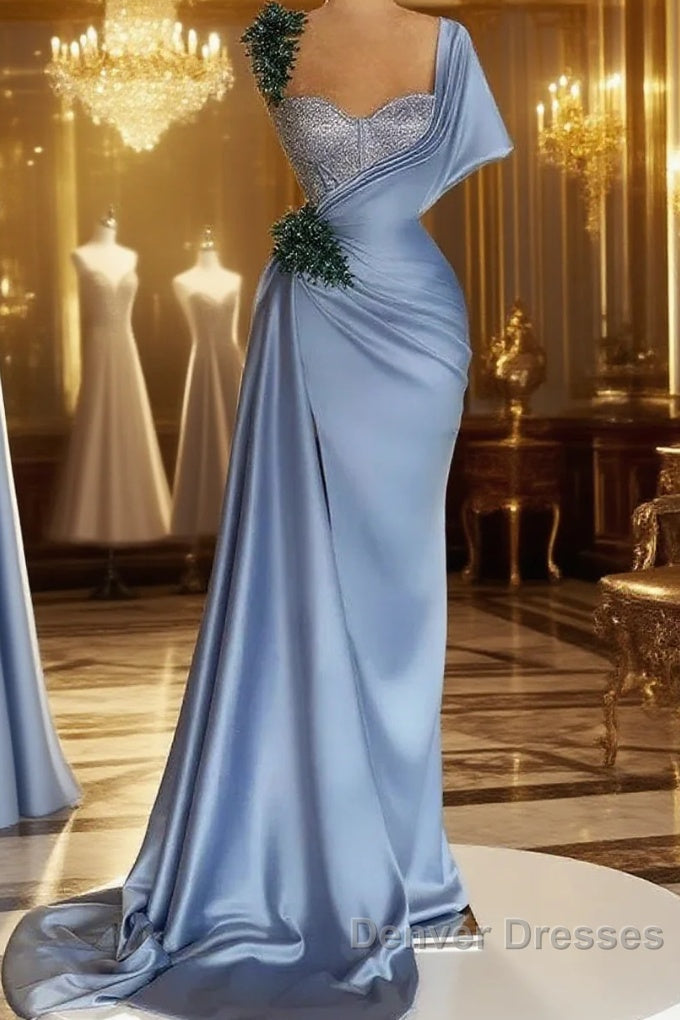 Blue Mermaid Sweetheart Satin Long Prom Dress Beaded One Shoulder Formal Evening Dress Main image