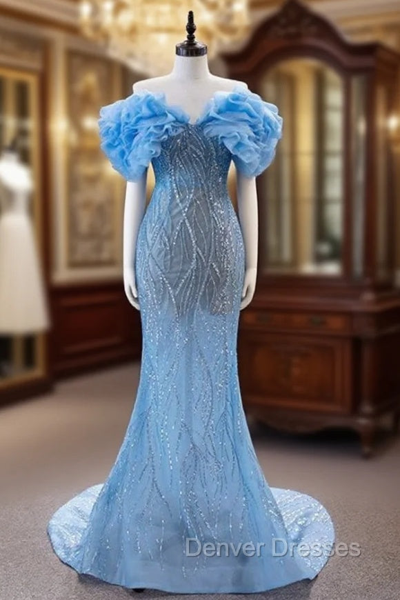 Blue Mermaid Tulle Sequins Off the Shoulder Prom Dress