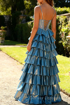 Blue Metallic A-Line Corset Tiered Long Prom Dress With Beading