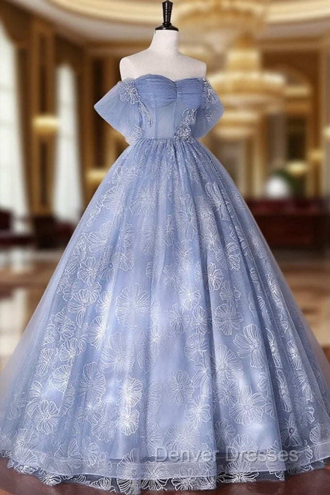 Blue Off Shoulder Ball Gown Floral Tulle Party Dress, Blue Sweet 16 Dress