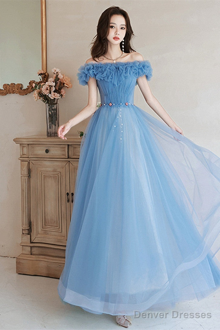 Blue Off Shoulder Beaded A-Line Floor Length Party Dress, Blue Evening Gown Main image