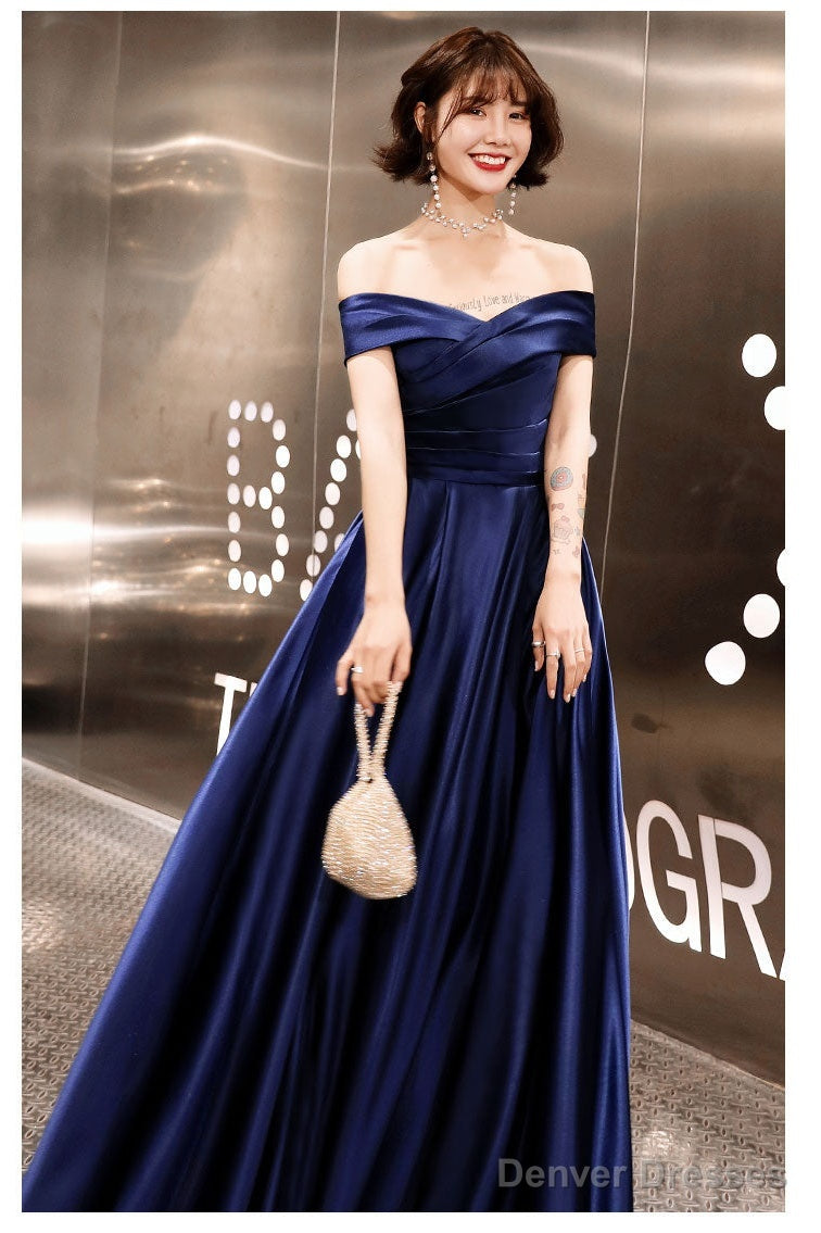 Blue Off Shoulder Prom Dress, Blue Satin Party Gown Prom Dress Secondary image
