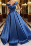 Blue Off Shoulder Satin Long Prom Dress, Off Shoulder Blue Formal Dress, Ball Gown, Evening Dress