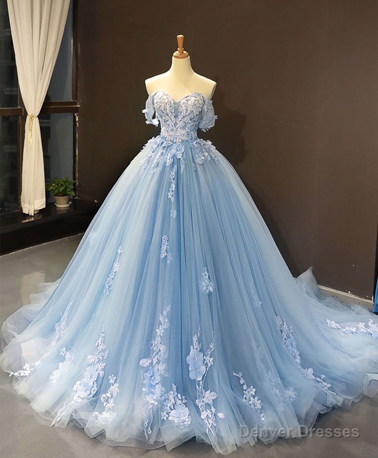 Blue Off Shoulder Tulle Lace Long Prom Dress, Blue Formal Ball Gown Evening Dress Secondary image