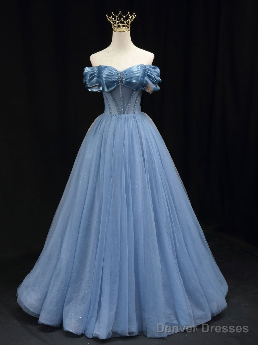 Blue Off Shoulder Tulle Long Prom Dress, Blue Tulle Formal Dress Main image