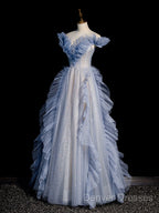 Blue Off Shoulder Tulle Sequin Beading Long Prom Dress, Blue Formal Dress