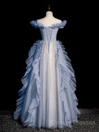 Blue Off Shoulder Tulle Sequin Beading Long Prom Dress, Blue Formal Dress
