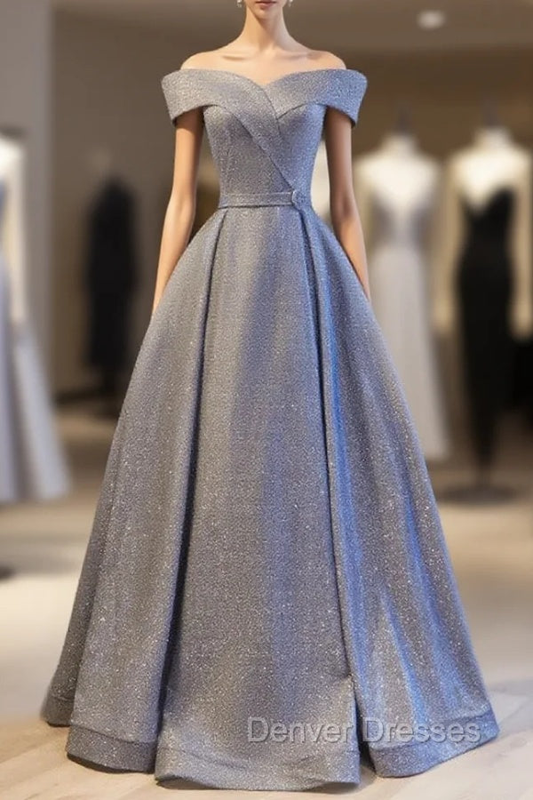 Blue Off the Shoulder Belt Prom Dress