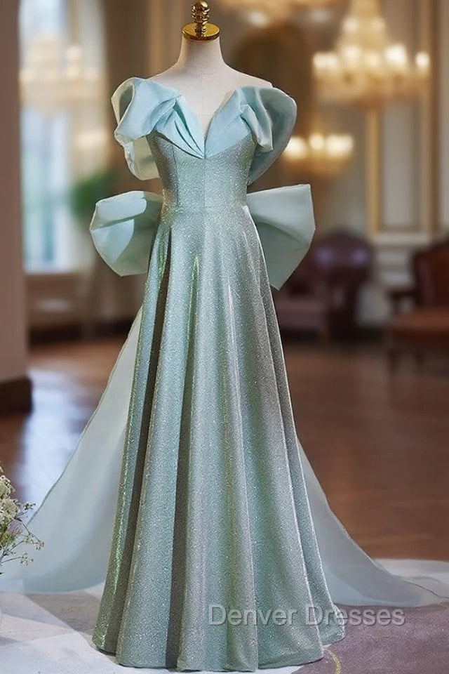Blue Off the Shoulder Bow Prom Dress