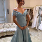 Elegant Blue A-Line Off-Shoulder Long Prom Dresses Vintage Satin Chiffon Formal Evening Dresses