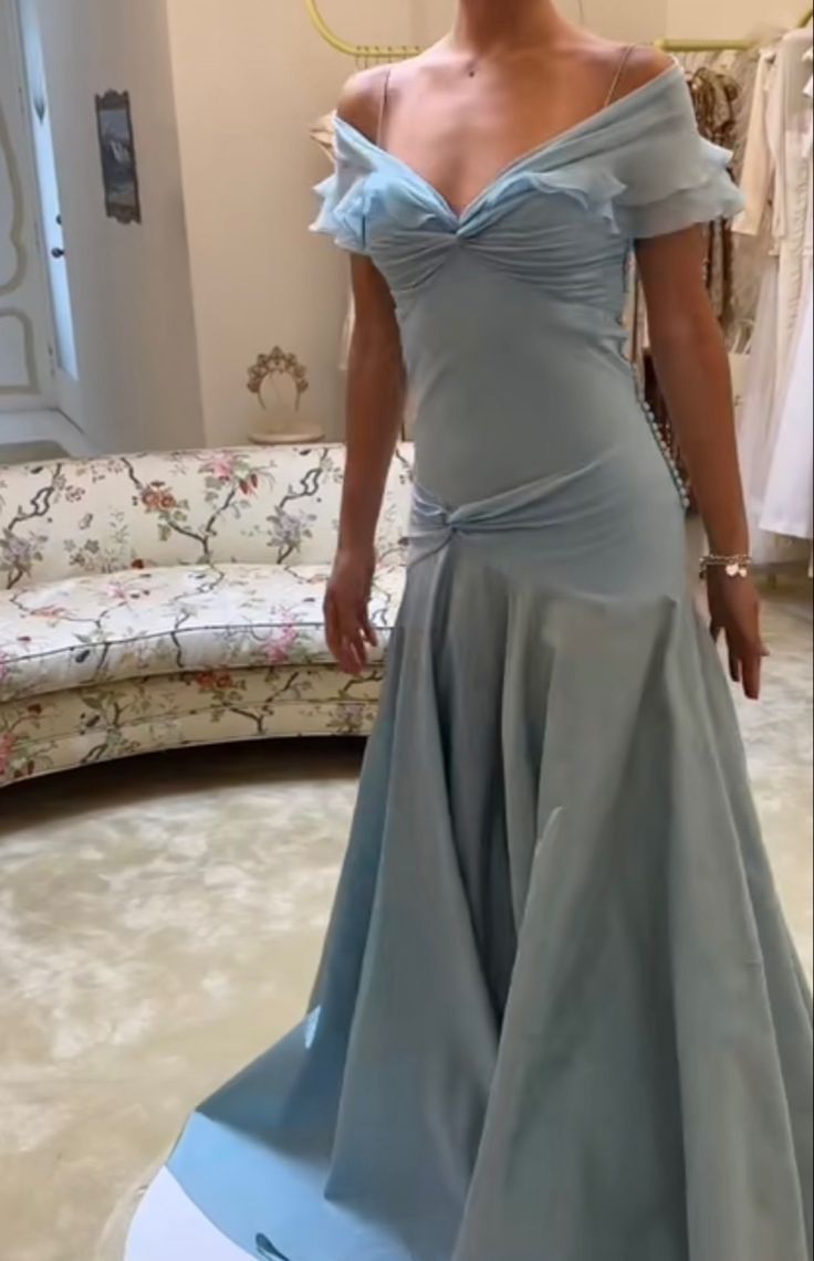 Elegant Blue A-Line Off-Shoulder Long Prom Dresses Vintage Satin Chiffon Formal Evening Dresses