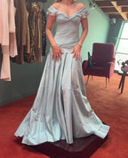 Elegant Blue A-Line Off-Shoulder Long Prom Dresses Vintage Satin Chiffon Formal Evening Dresses