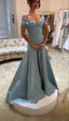 Elegant Blue A-Line Off-Shoulder Long Prom Dresses Vintage Satin Chiffon Formal Evening Dresses