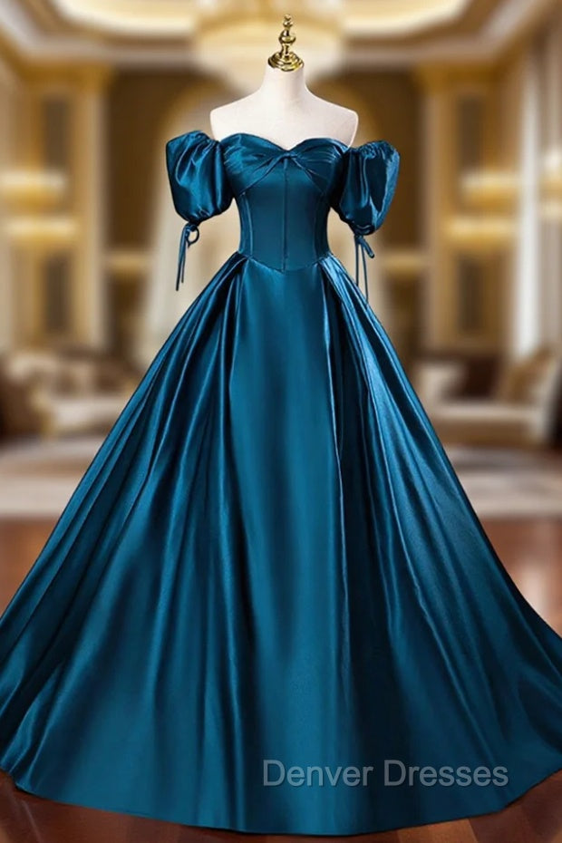 Blue Off the Shoulder Satin Floor Length Prom Dress with Corset, Blue Evening Party Dress Main image