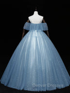 Blue Off-the-Shoulder Sequin Tulle Lace Sleeveless Lone Prom Dress,Sweet 16 Gown
